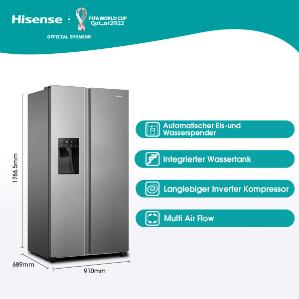 Hisense RS694N4TIE Side-by-Side Kühlkombination Freistehend 562 l E Edelstahl